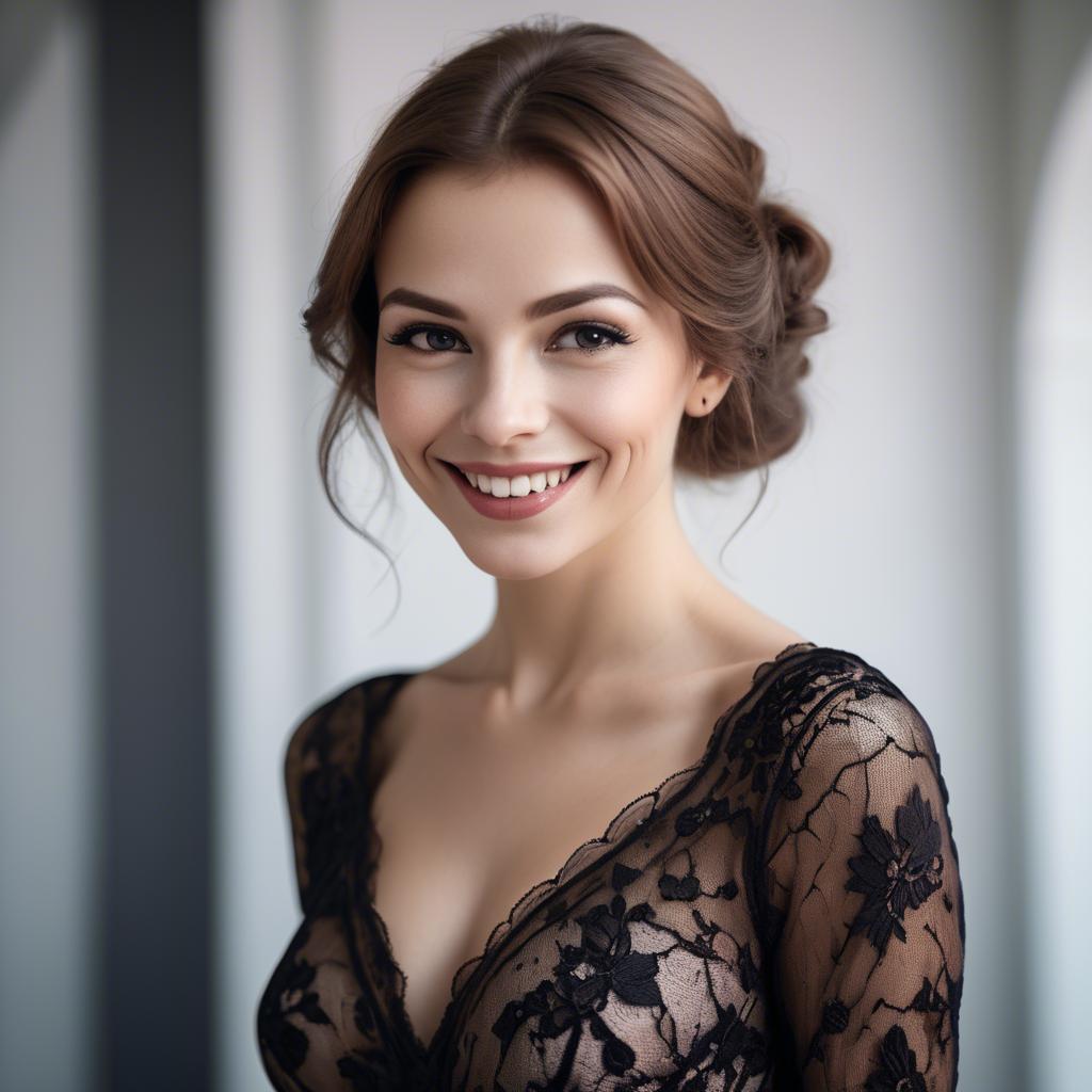 A stunning image of charming woman in a lace dress with a mysterious smile.