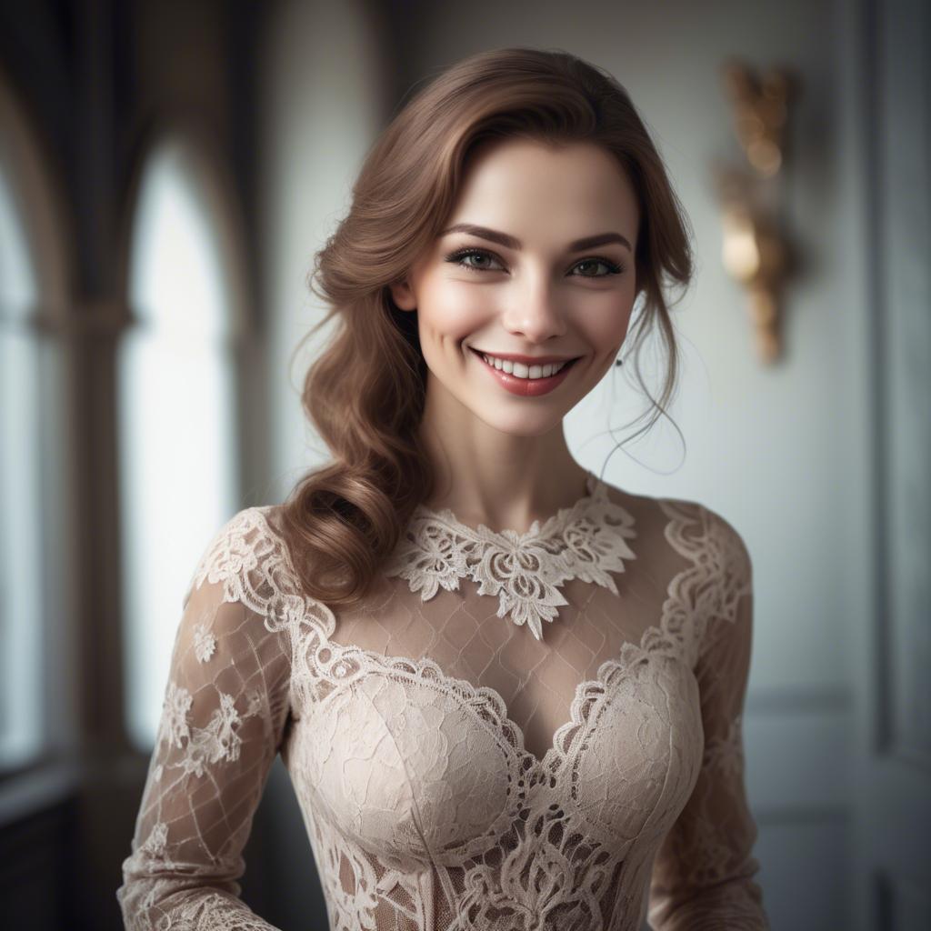 A stunning image of charming woman in a lace dress with a mysterious smile.