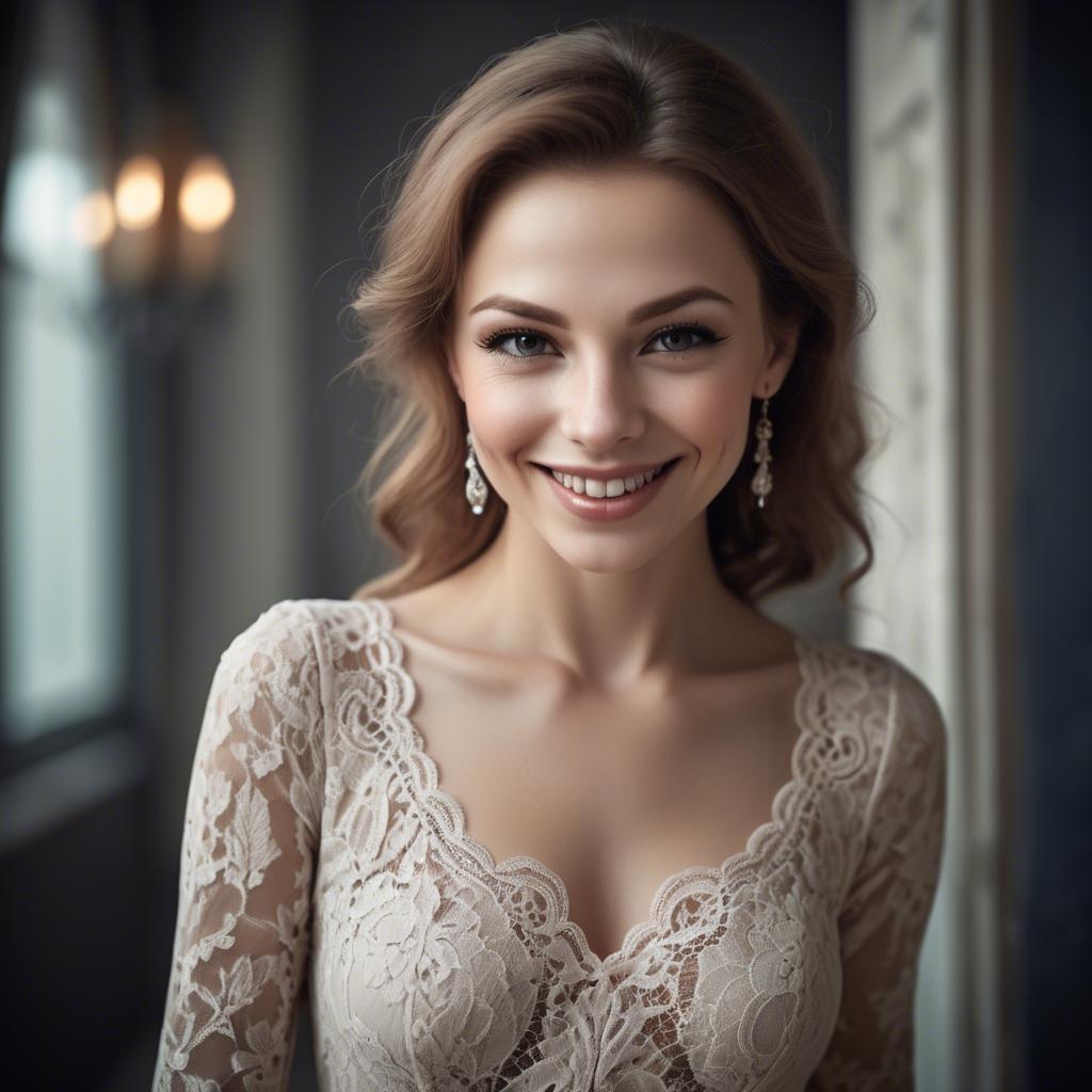 A stunning image of charming woman in a lace dress with a mysterious smile.