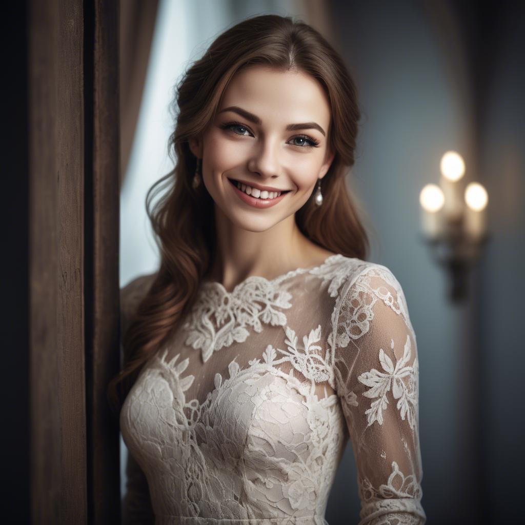 A stunning image of charming woman in a lace dress with a mysterious smile.