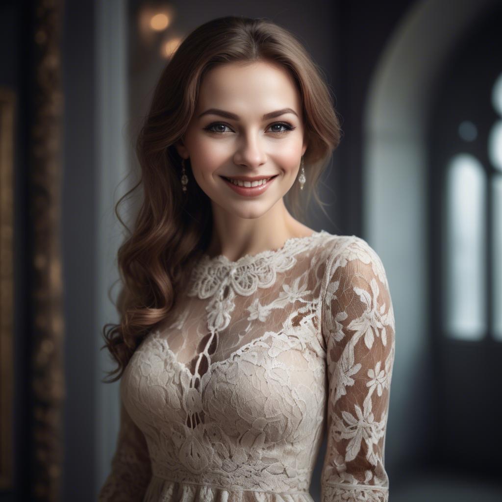 A stunning image of charming woman in a lace dress with a mysterious smile.