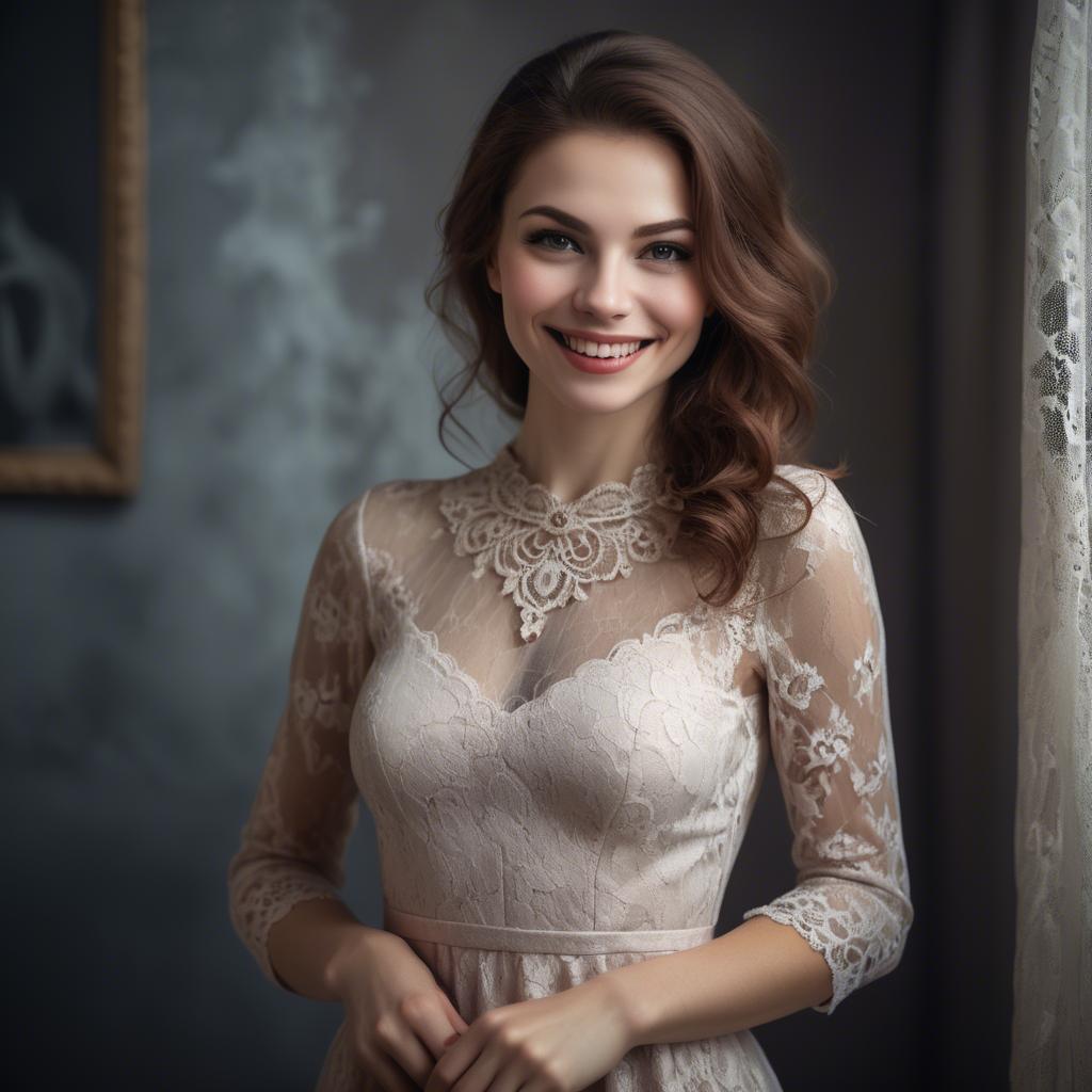 A stunning image of charming woman in a lace dress with a mysterious smile.