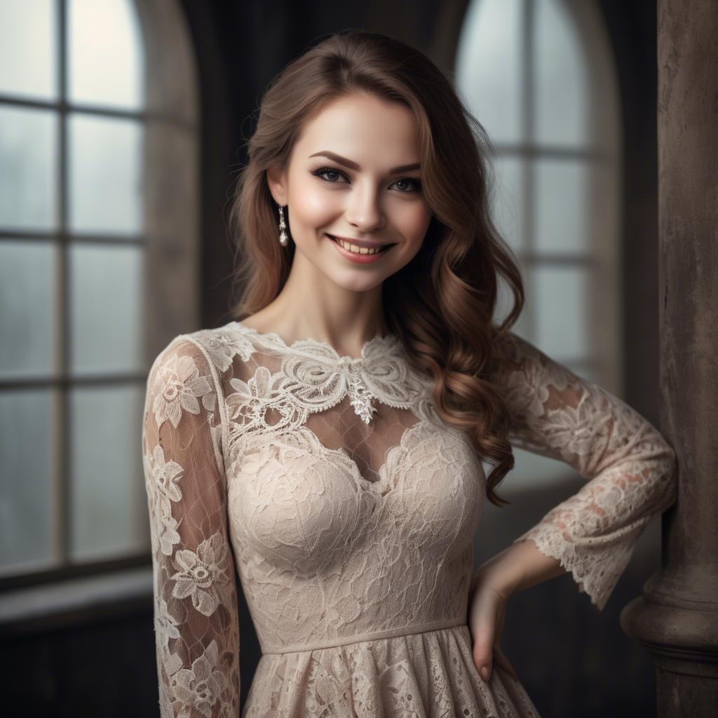 A stunning image of charming woman in a lace dress with a mysterious smile.