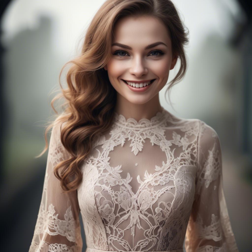 A stunning image of charming woman in a lace dress with a mysterious smile.