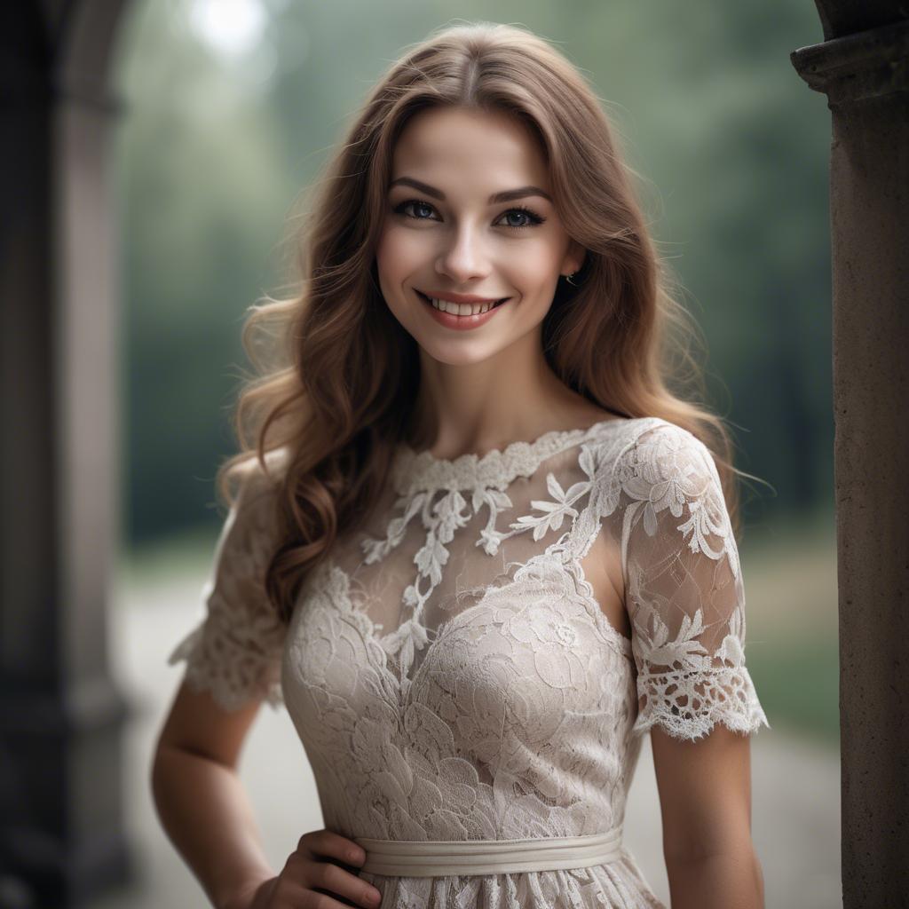 A stunning image of charming woman in a lace dress with a mysterious smile.