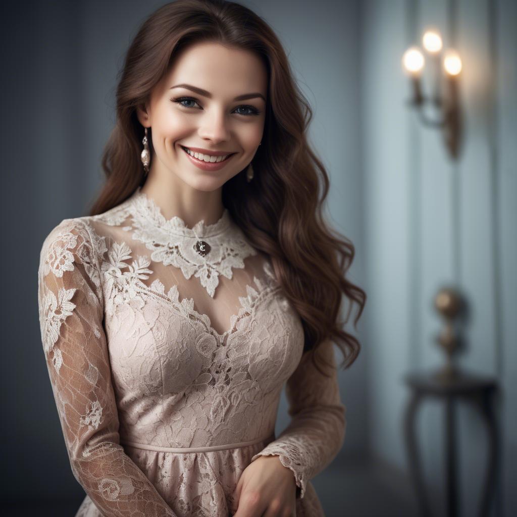 A stunning image of charming woman in a lace dress with a mysterious smile.