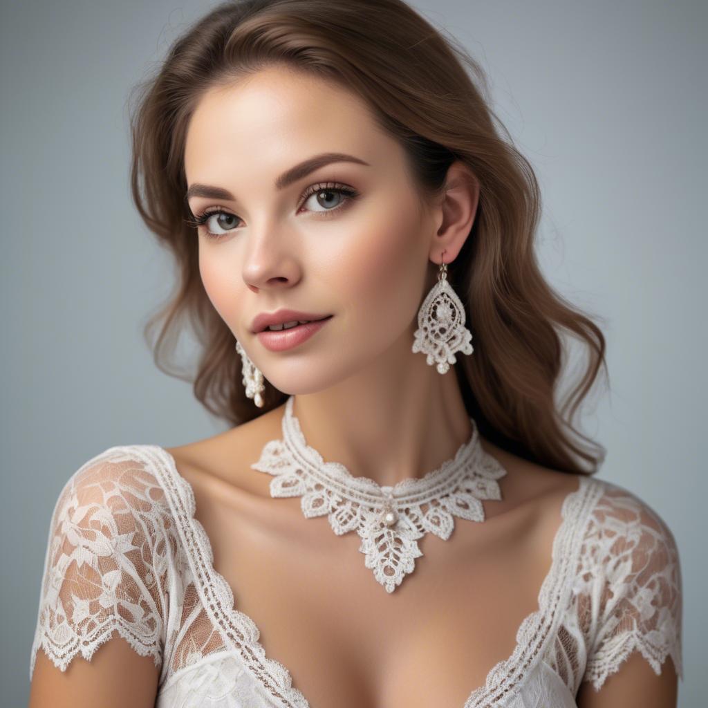A stunning image of charming woman in a lace top with delicate earrings.