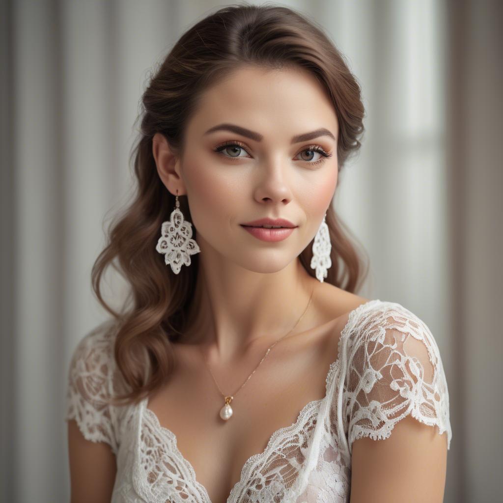 A stunning image of charming woman in a lace top with delicate earrings.