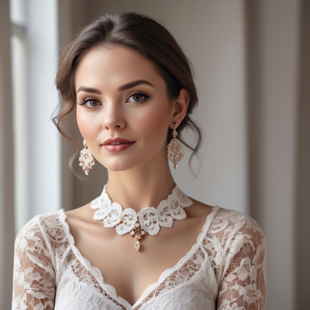 A stunning image of charming woman in a lace top with delicate earrings.