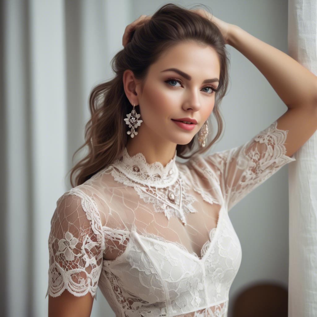 A stunning image of charming woman in a lace top with delicate earrings.