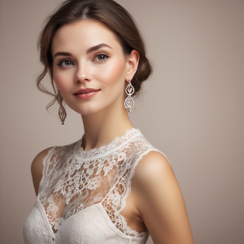 A stunning image of charming woman in a lace top with delicate earrings.