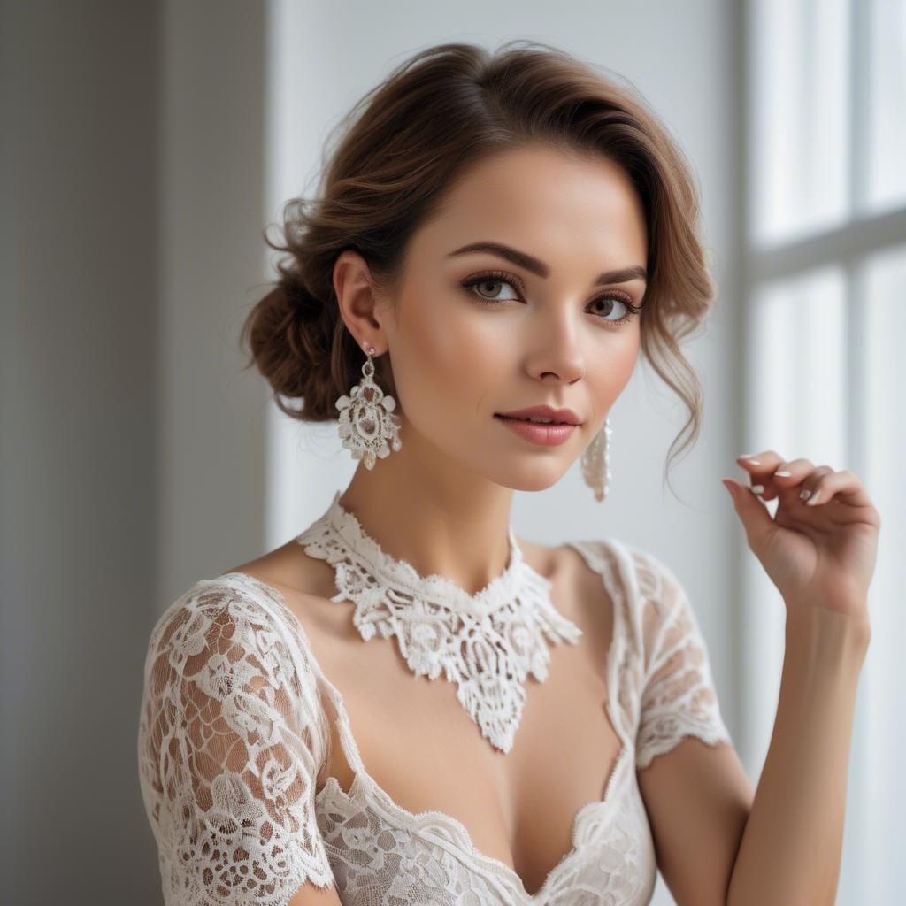A stunning image of charming woman in a lace top with delicate earrings.