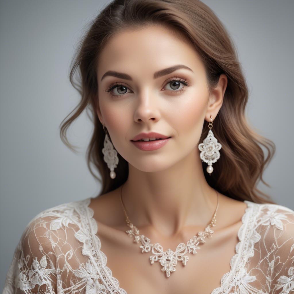 A stunning image of charming woman in a lace top with delicate earrings.