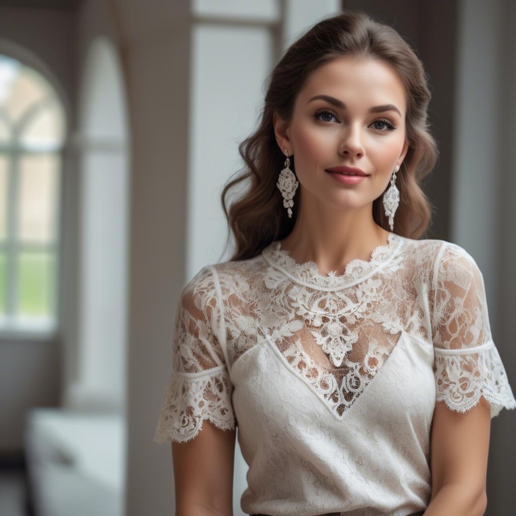 A stunning image of charming woman in a lace top with delicate earrings.