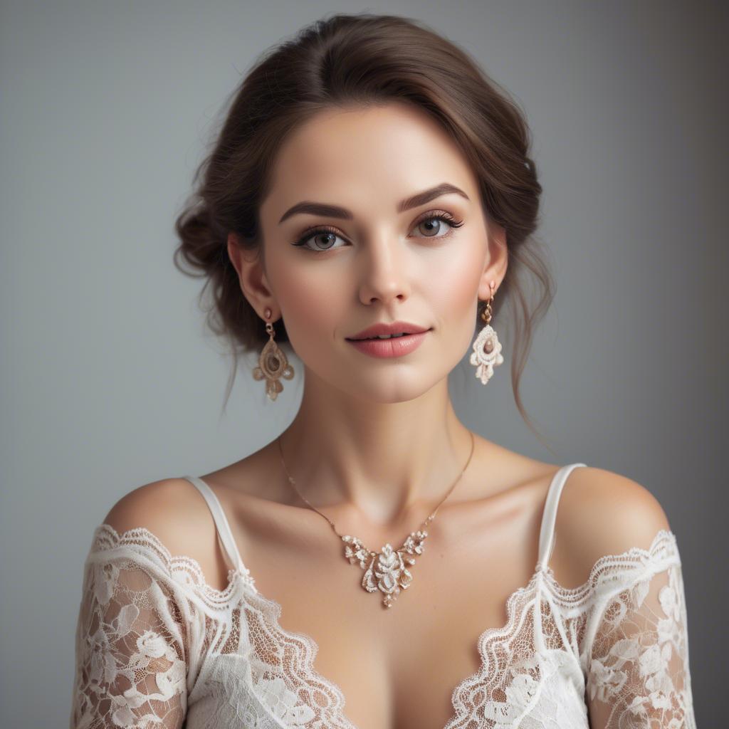 A stunning image of charming woman in a lace top with delicate earrings.