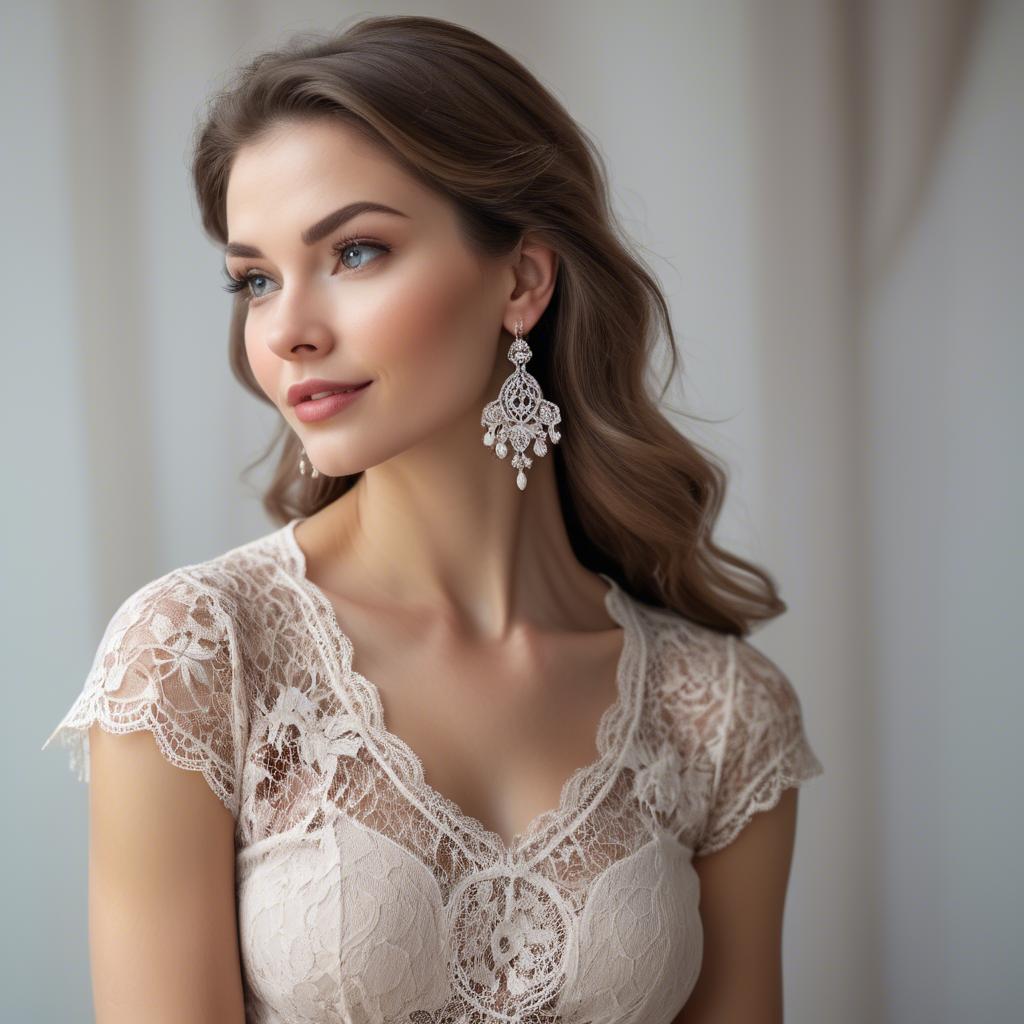 A stunning image of charming woman in a lace top with delicate earrings.
