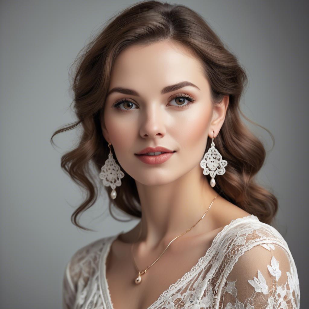 A stunning image of charming woman in a lace top with delicate earrings.