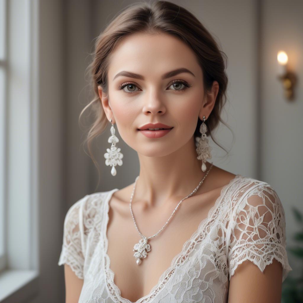 A stunning image of charming woman in a lace top with delicate earrings.