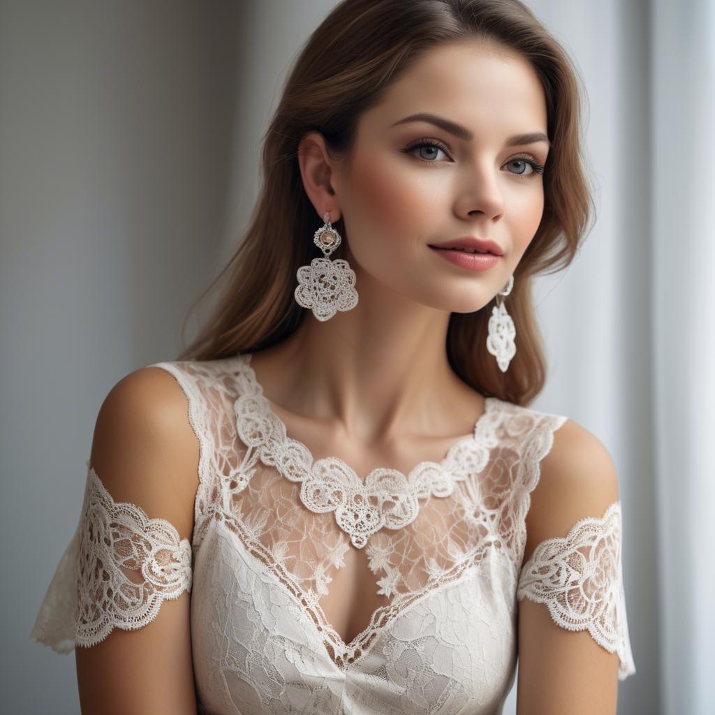 A stunning image of charming woman in a lace top with delicate earrings.