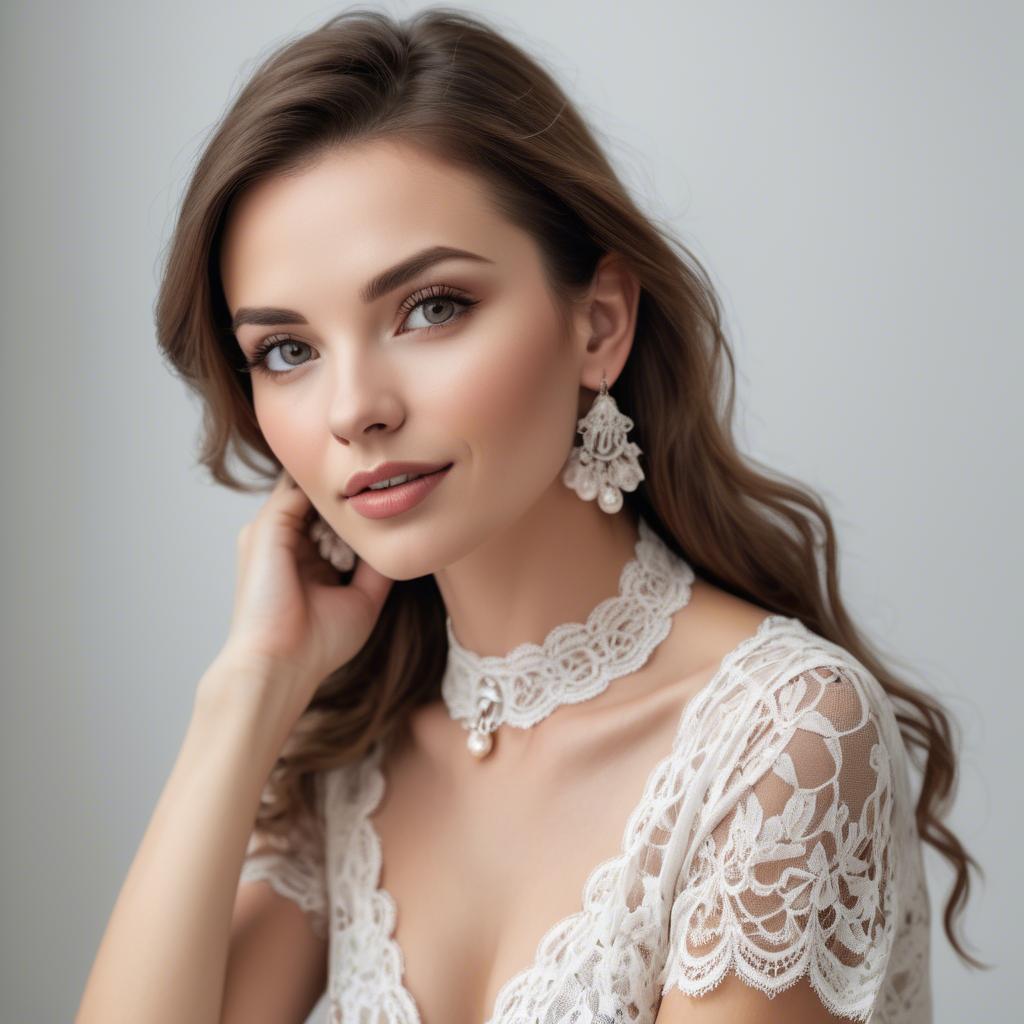 A stunning image of charming woman in a lace top with delicate earrings.