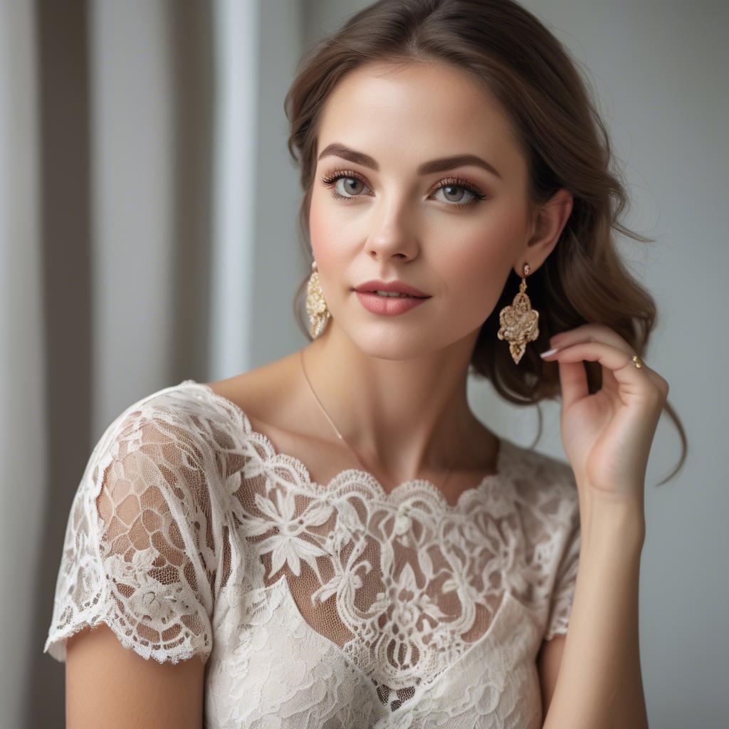 A stunning image of charming woman in a lace top with delicate earrings.