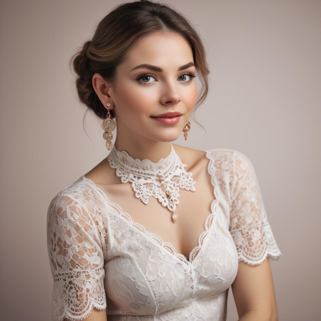 A stunning image of charming woman in a lace top with delicate earrings.