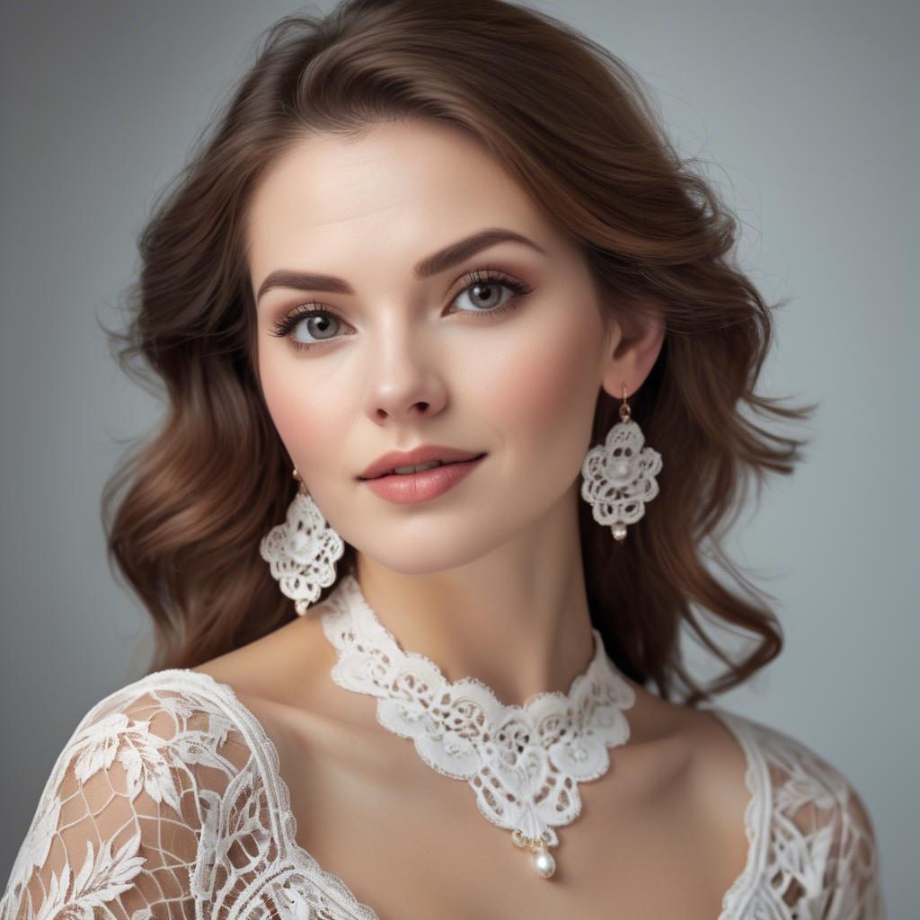 A stunning image of charming woman in a lace top with delicate earrings.