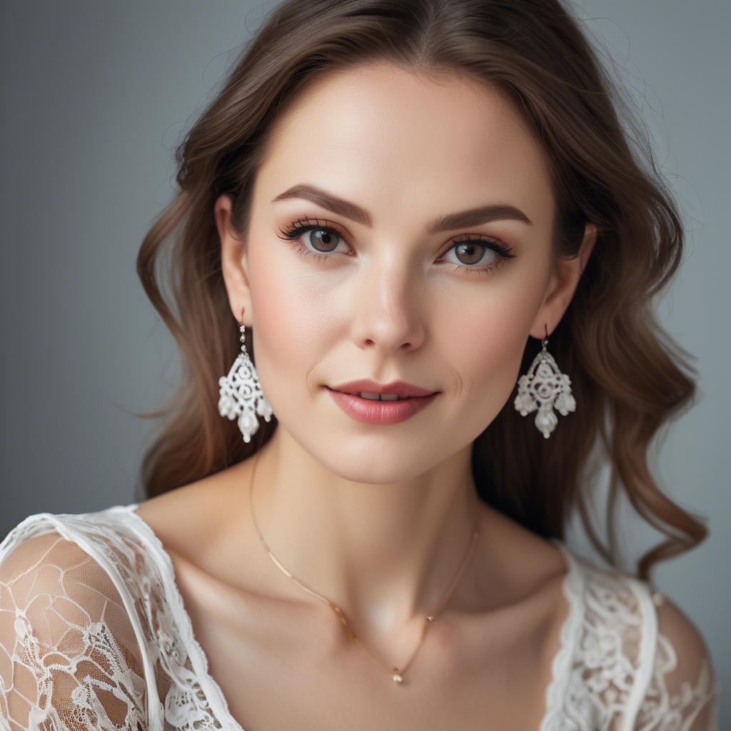 A stunning image of charming woman in a lace top with delicate earrings.