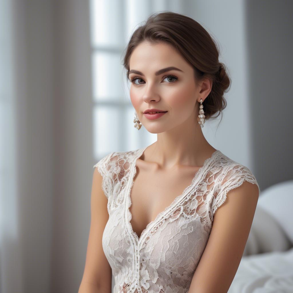 A stunning image of charming woman in a lace top with delicate earrings.