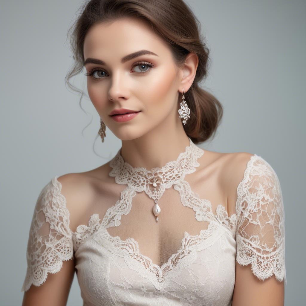 A stunning image of charming woman in a lace top with delicate earrings.