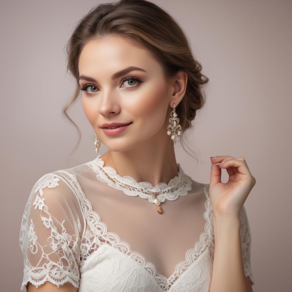 A stunning image of charming woman in a lace top with delicate earrings.