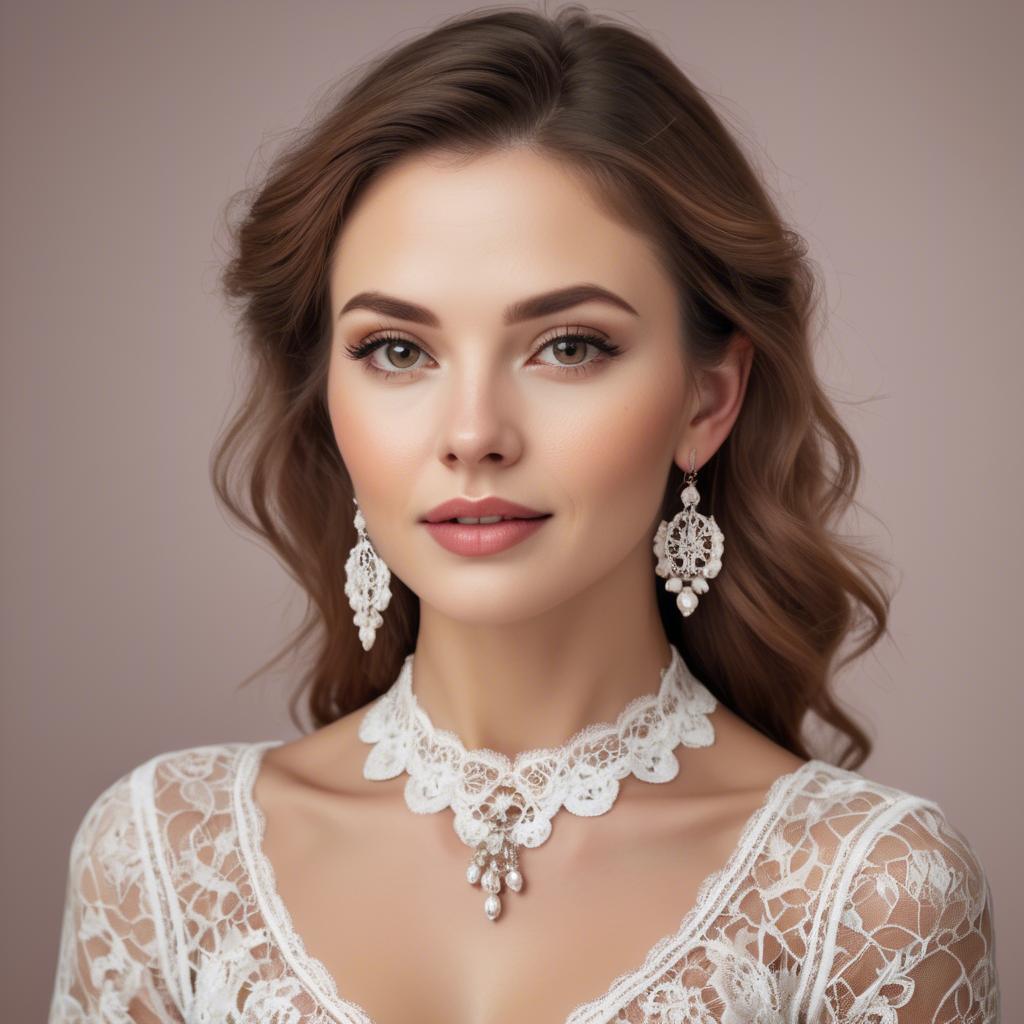 A stunning image of charming woman in a lace top with delicate earrings.