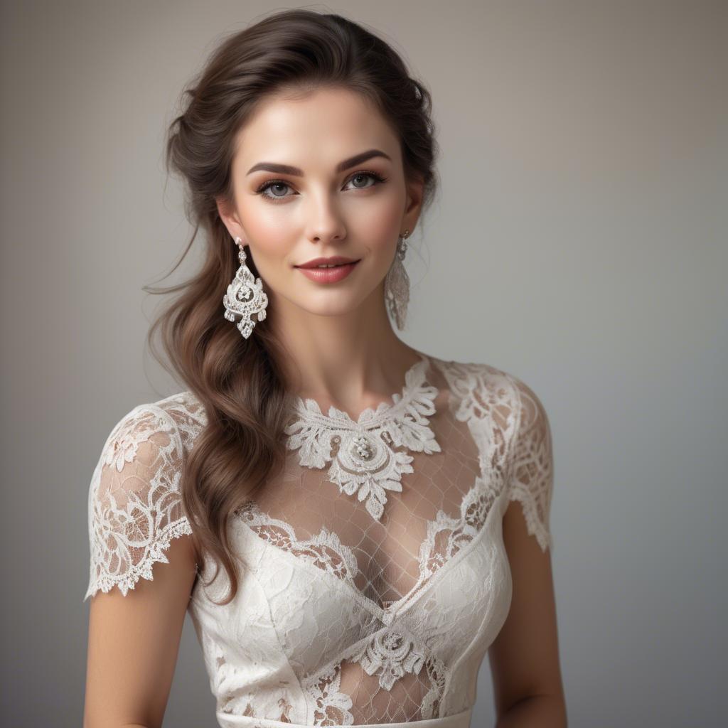 A stunning image of charming woman in a lace top with delicate earrings.