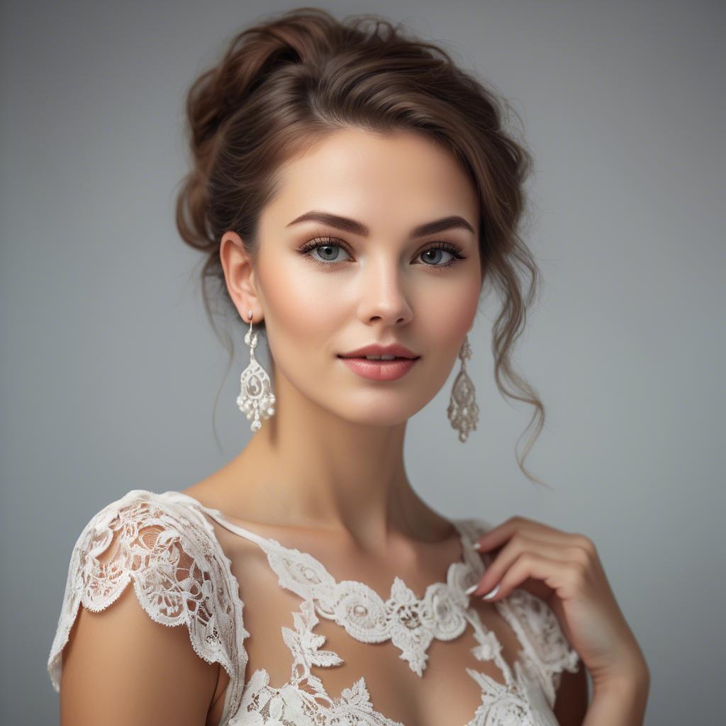A stunning image of charming woman in a lace top with delicate earrings.