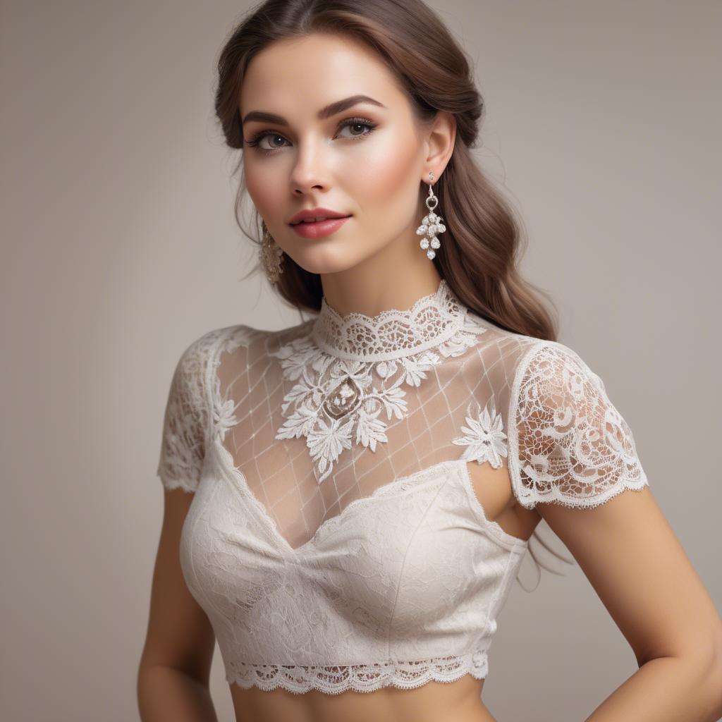 A stunning image of charming woman in a lace top with delicate earrings.