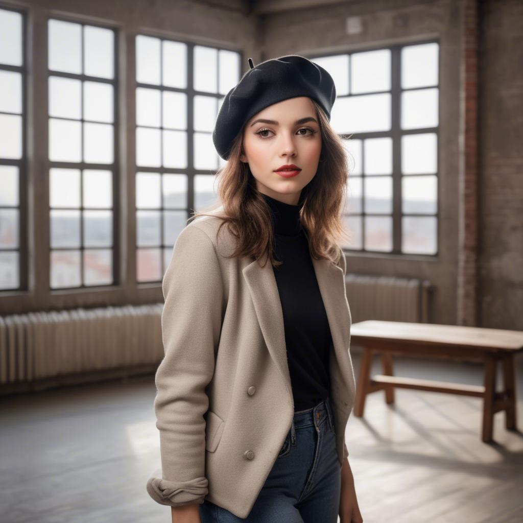 A stunning image of chic girl with a beret in an artistic loft.