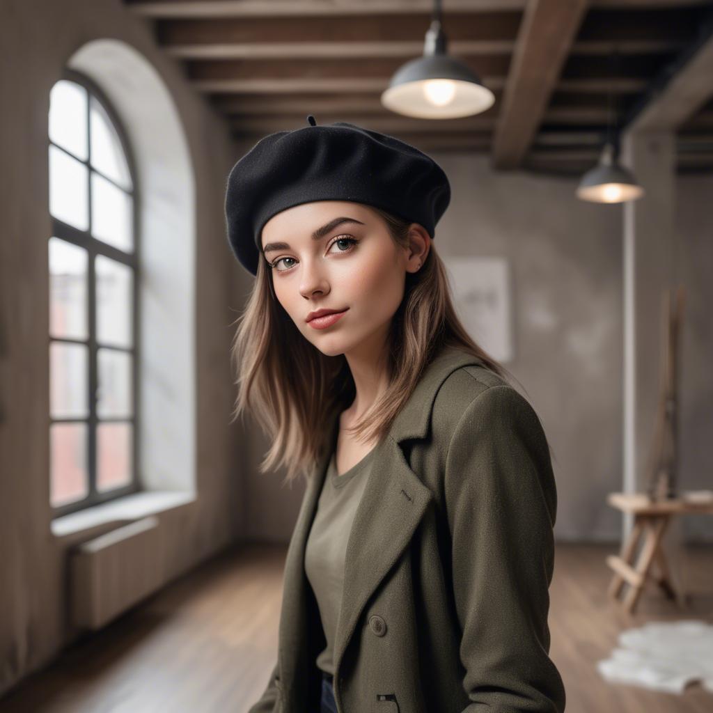 A stunning image of chic girl with a beret in an artistic loft.