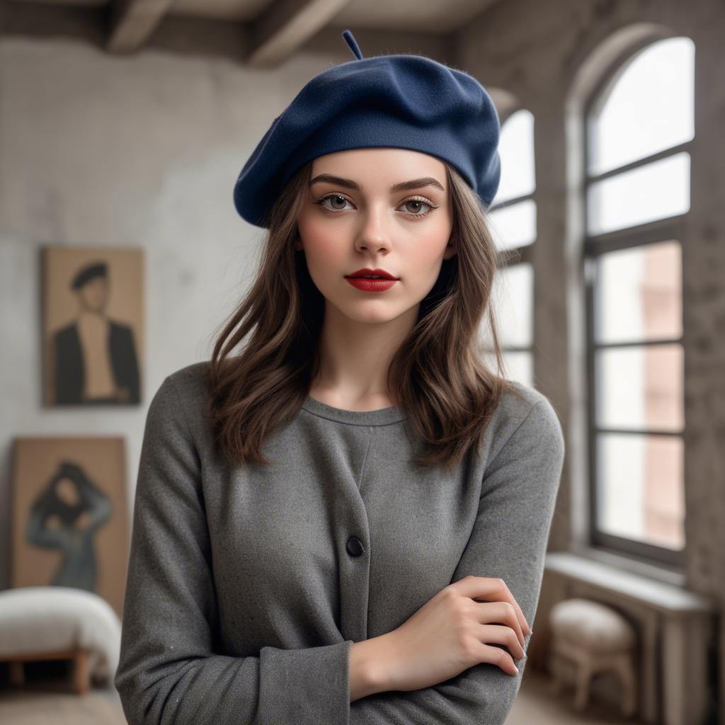 A stunning image of chic girl with a beret in an artistic loft.