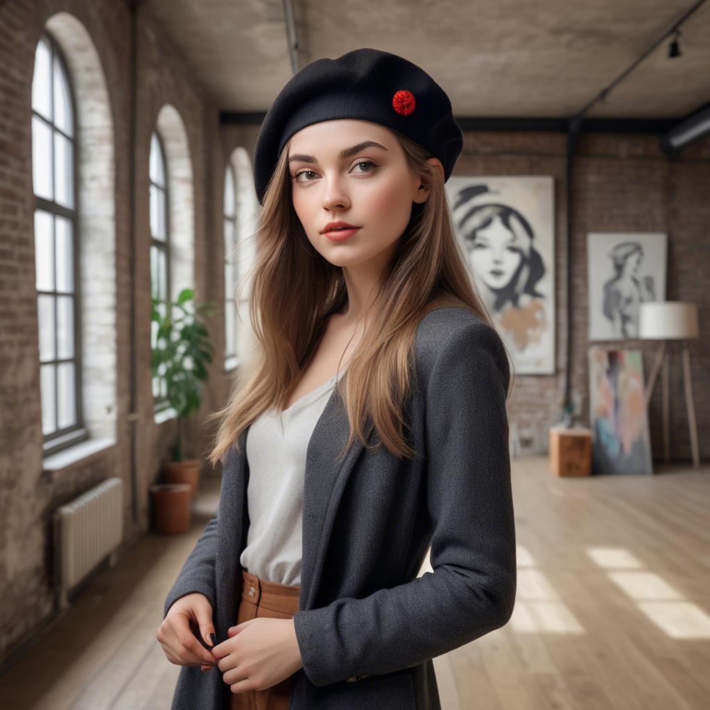 A stunning image of chic girl with a beret in an artistic loft.