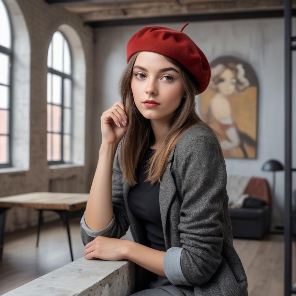 A stunning image of chic girl with a beret in an artistic loft.