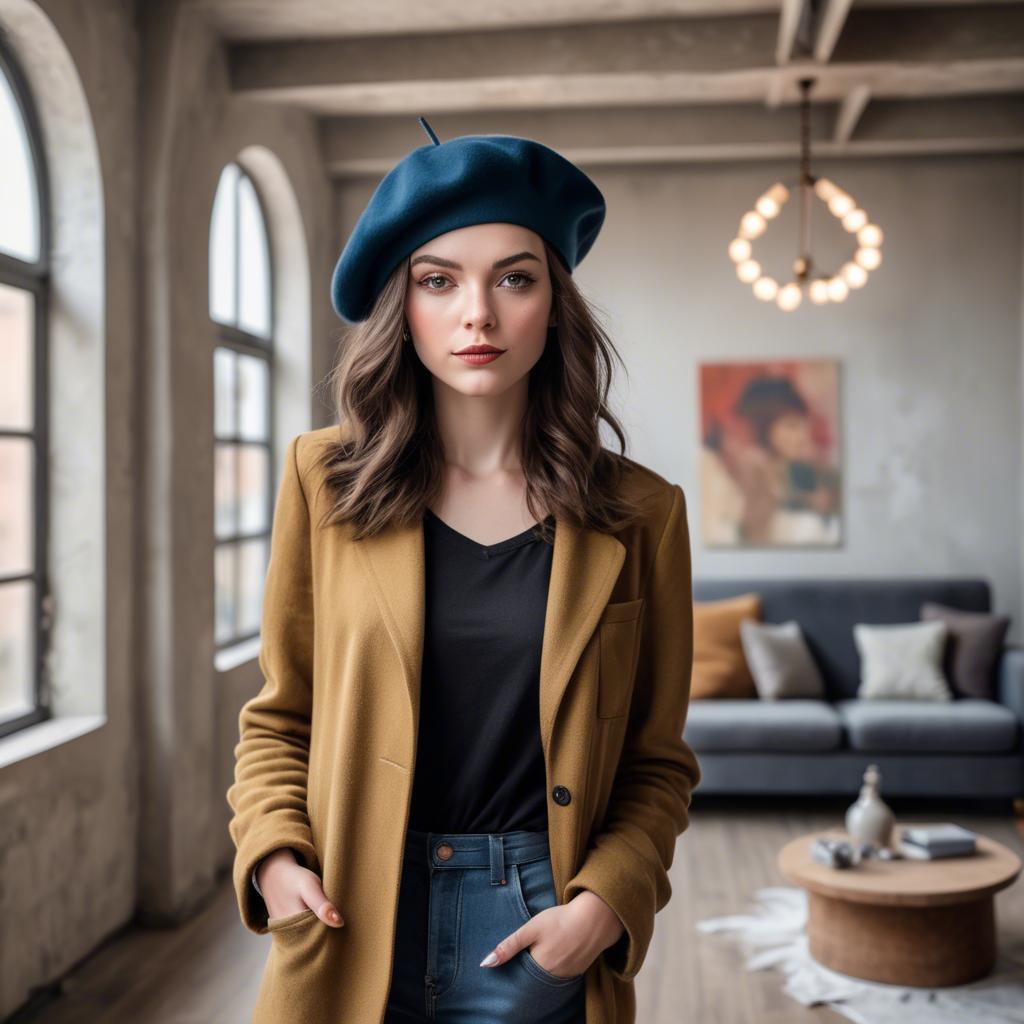 A stunning image of chic girl with a beret in an artistic loft.