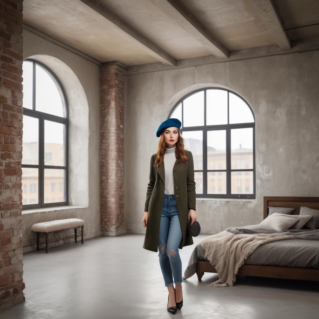 A stunning image of chic girl with a beret in an artistic loft.