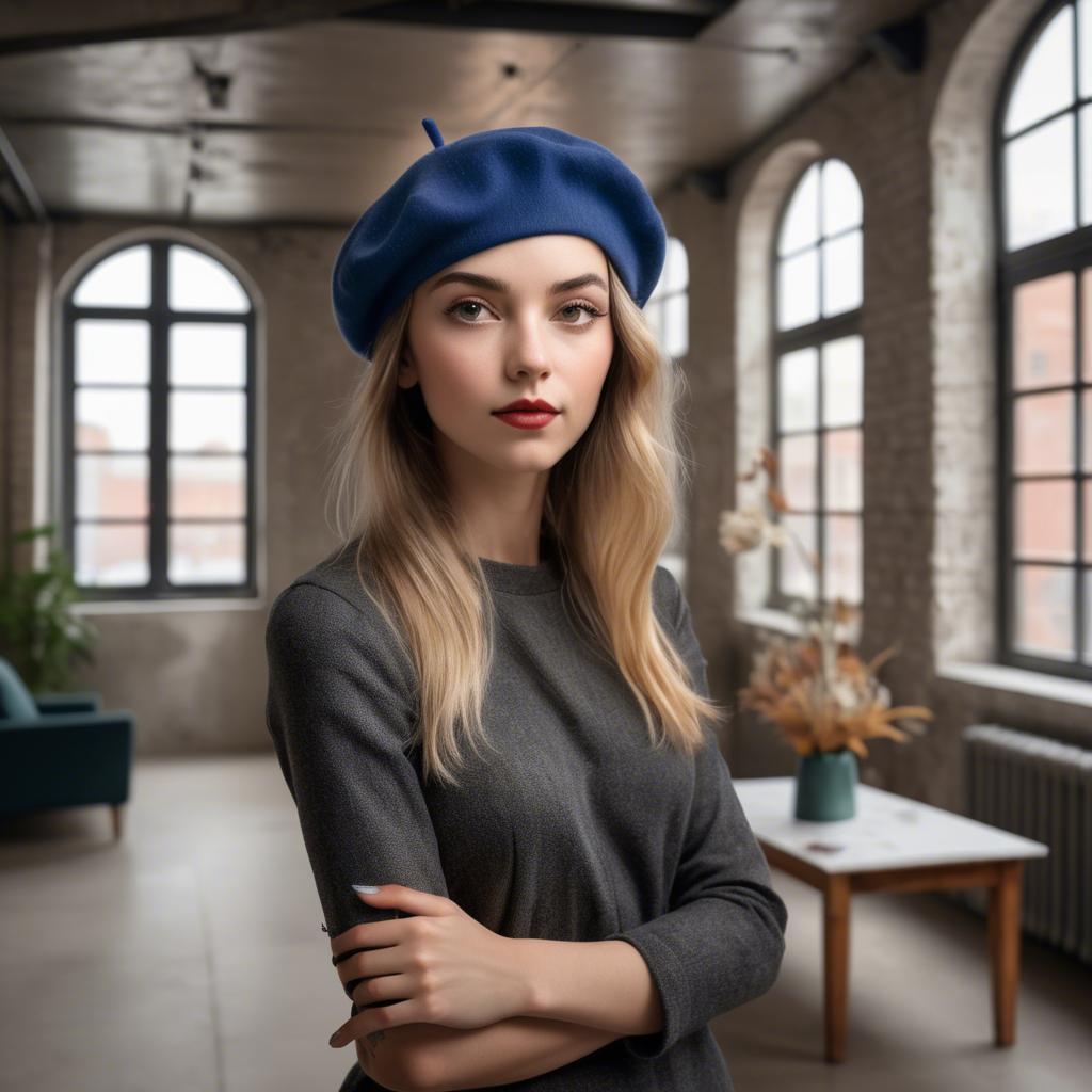 A stunning image of chic girl with a beret in an artistic loft.