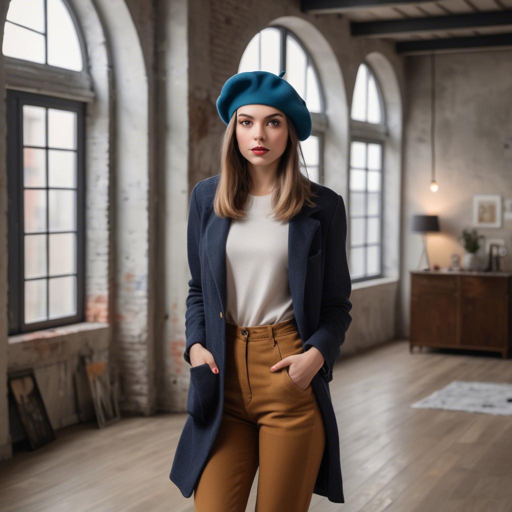 A stunning image of chic girl with a beret in an artistic loft.