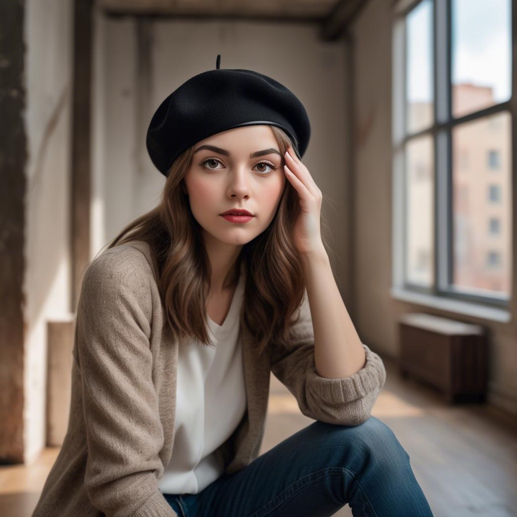 A stunning image of chic girl with a beret in an artistic loft.