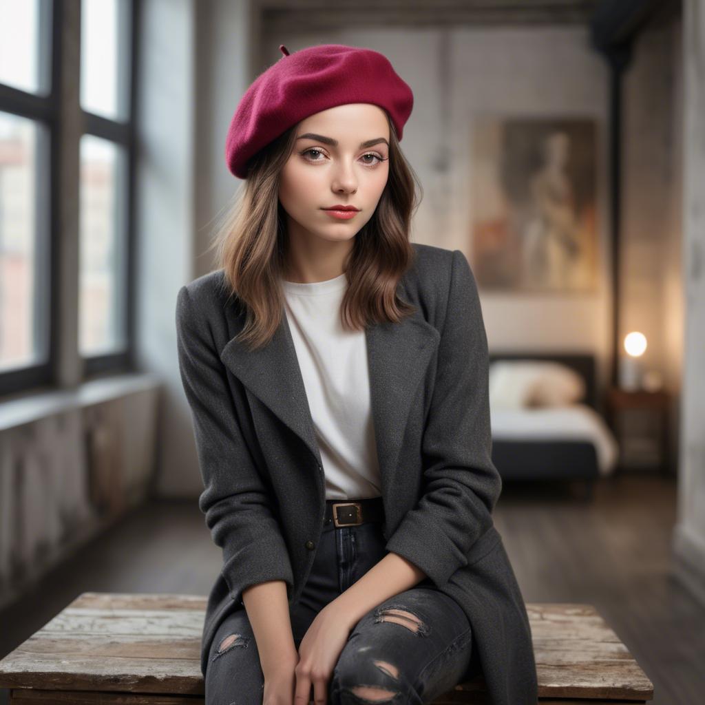 A stunning image of chic girl with a beret in an artistic loft.
