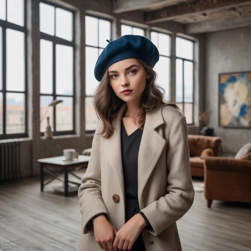 A stunning image of chic girl with a beret in an artistic loft.