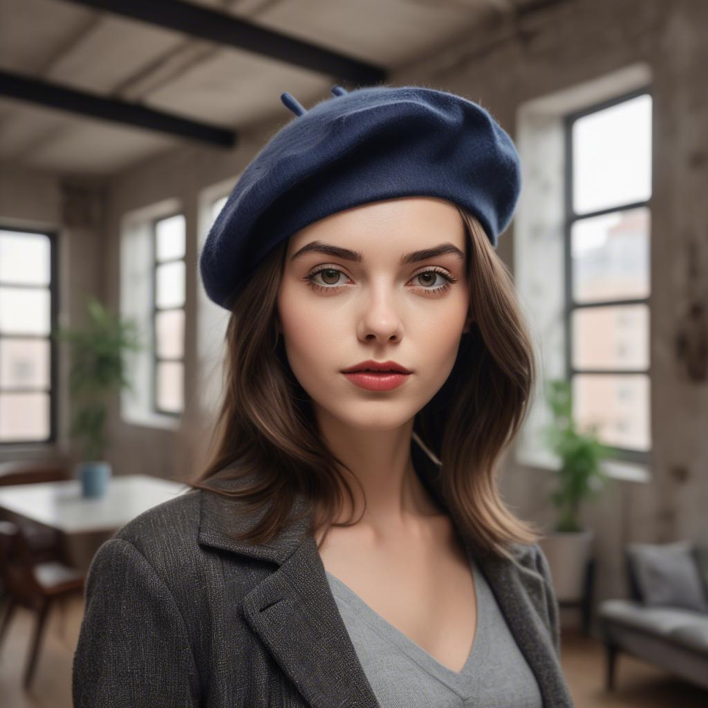 A stunning image of chic girl with a beret in an artistic loft.