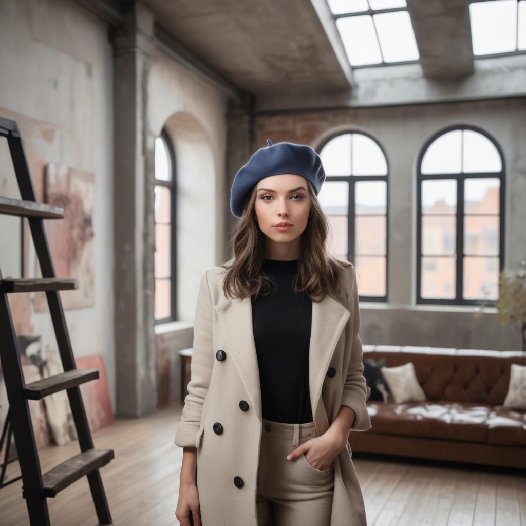 A stunning image of chic girl with a beret in an artistic loft.
