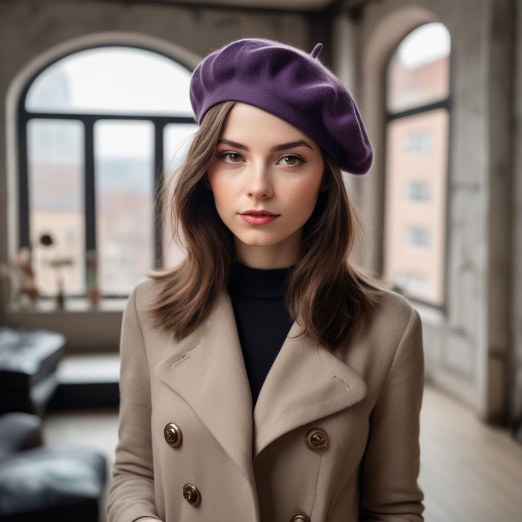 A stunning image of chic girl with a beret in an artistic loft.